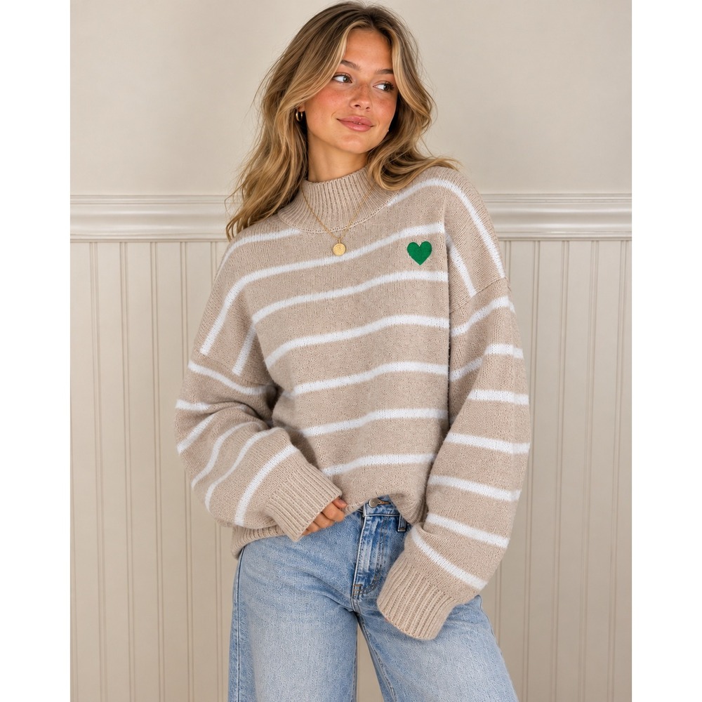 Calligraphie Striped Heart Turtleneck Sweater